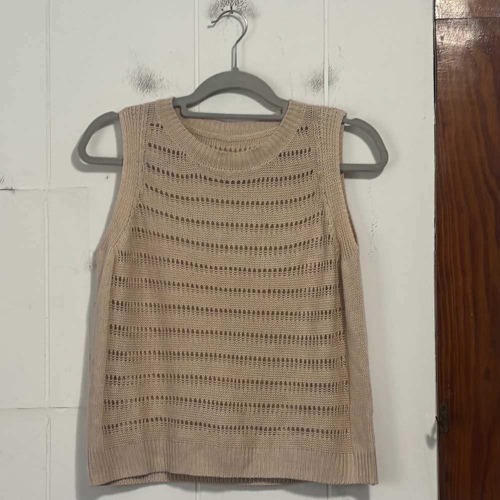 Tan Beige Open Knit Pointelle Sleeveless Sweater Vest Crew Neck Size S